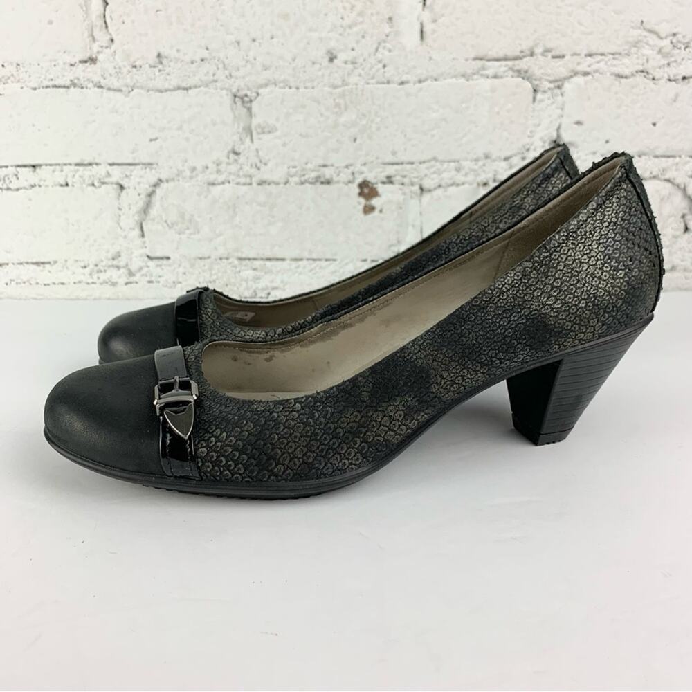 Ecco Black Leather Cap Toe Touch 50 Pump Snake Print Heels 41
